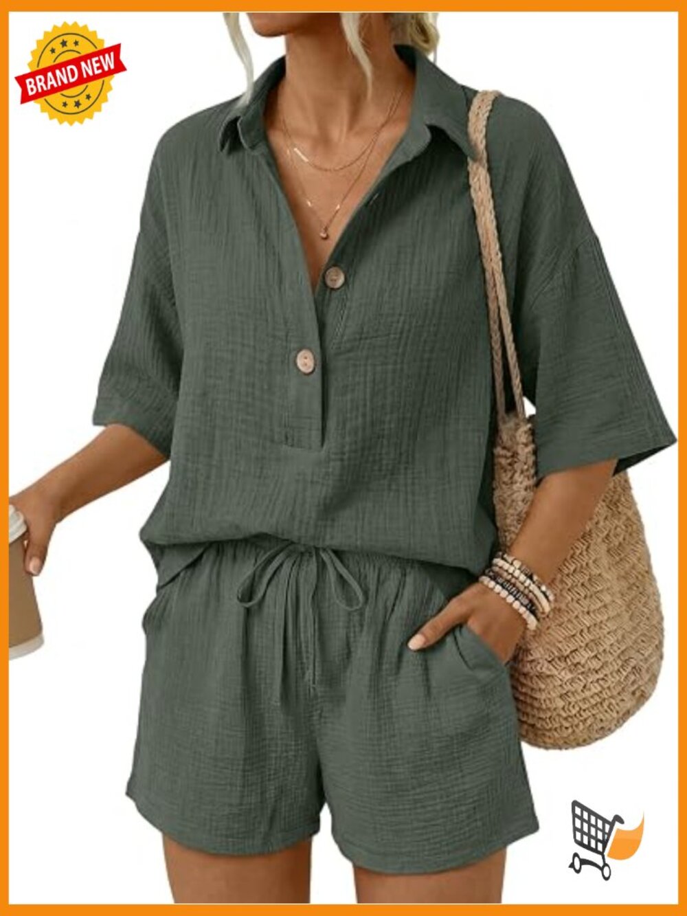 Women's 2 Piece Linen Short Set Cotton Button Down Vacation Beach Outfit